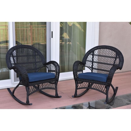 Jeco W00211-R-2-FS011 Santa Maria Black Wicker Rocker Chair with Blue Cushion, 2PK W00211-R_2-FS011